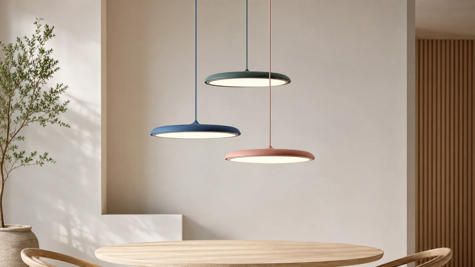 Prosta, nowoczesna lampa wisząca M144 w ciepłej, nowoczesnej scenerii pomieszczenia