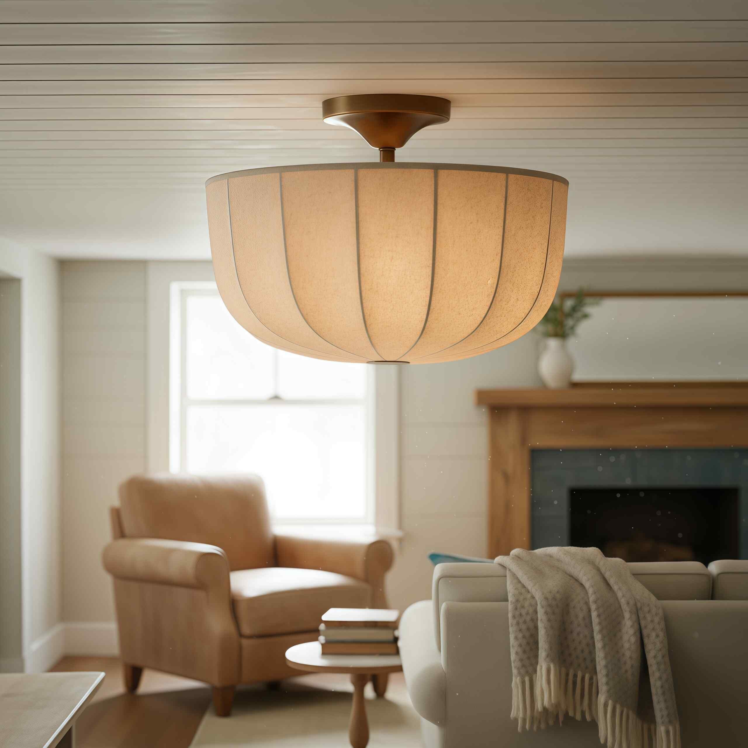 Loomis Flush Ceiling Lamp - Textured Linen Shade Aged Brass Modern Ceiling Light for Living Rooms T480
