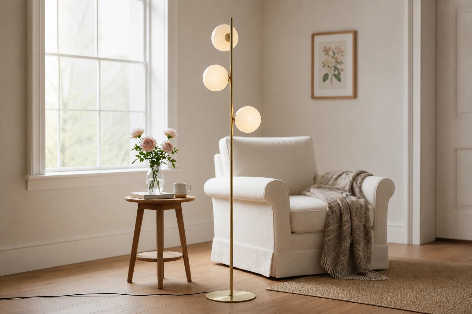 Lampa podłogowa ze szkła opalowego T419 w nowoczesnej scenie wnętrza z widoczną pełną lampą