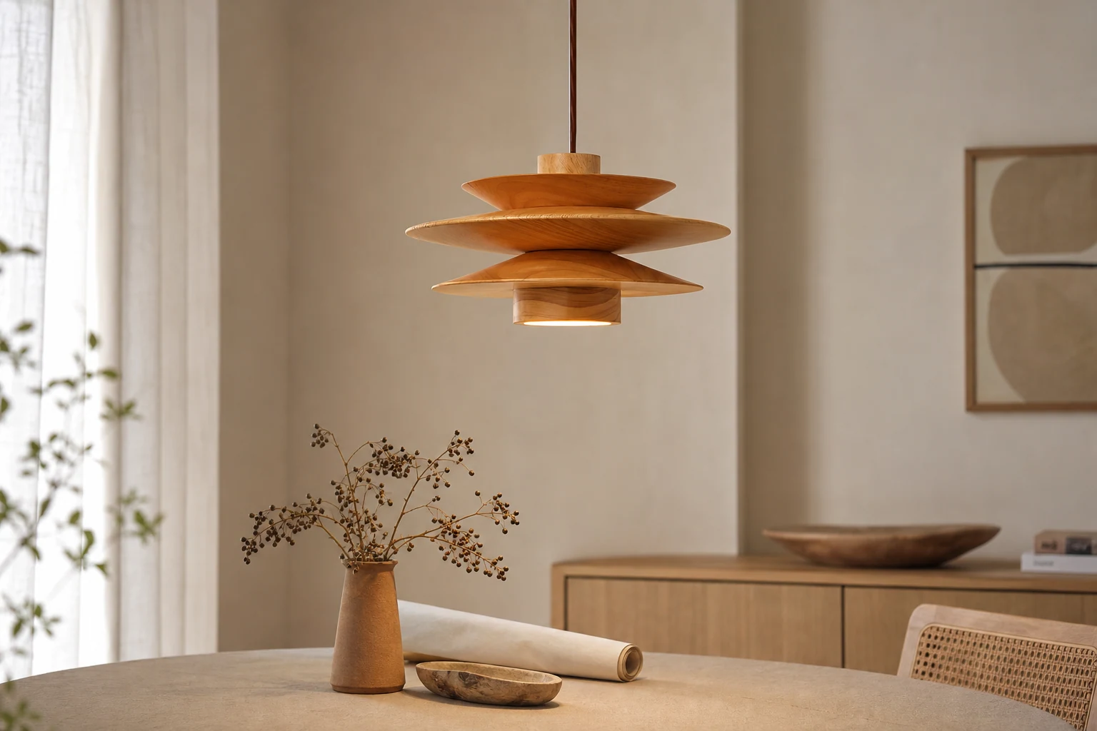 Wielopoziomowa lampa wisząca M484 w kształcie dysku w delikatnym, lifestylowym wnętrzu