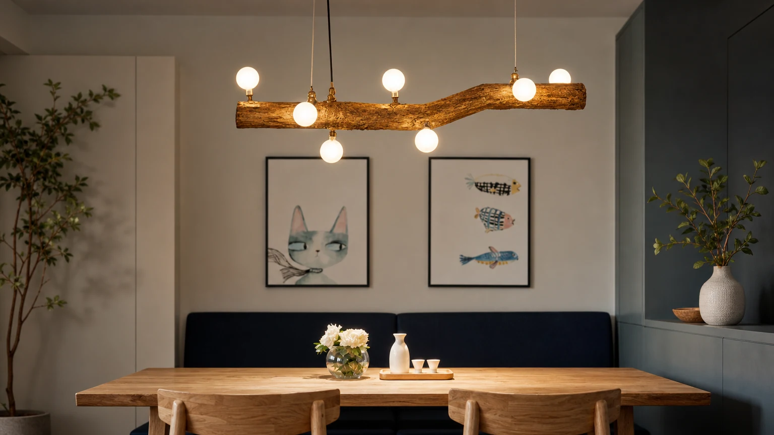 Lampa wisząca Branch Lining w poziomej aranżacji jadalni