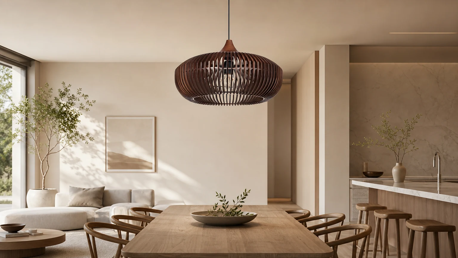 Drewniana lampa wisząca Halo of Zen Japandi D837 w ciepłym wnętrzu
