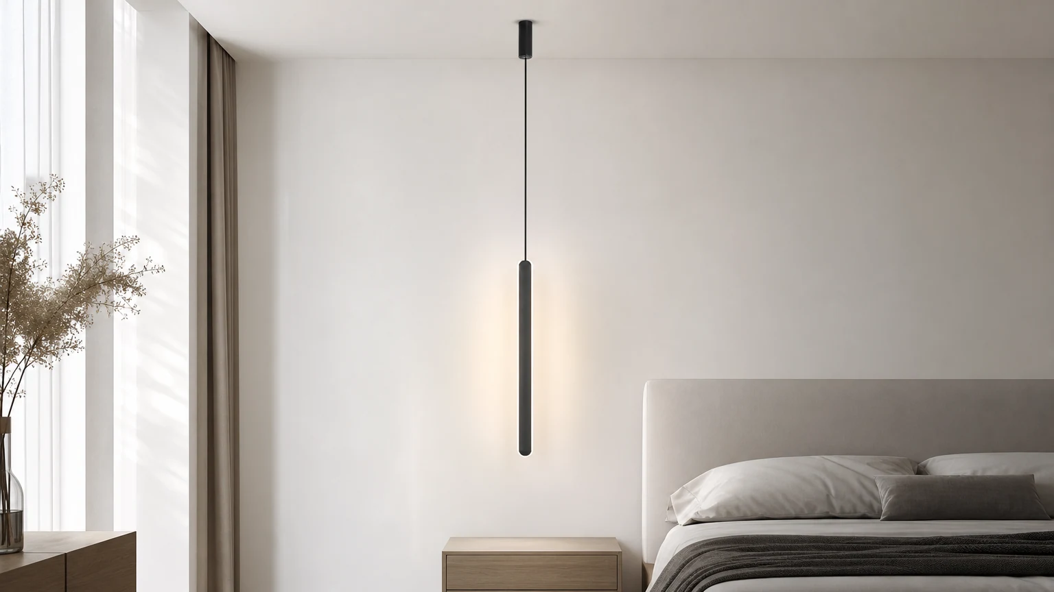 Nordic liniowa długa lampa wisząca M420 w poziomej scenie pomieszczenia