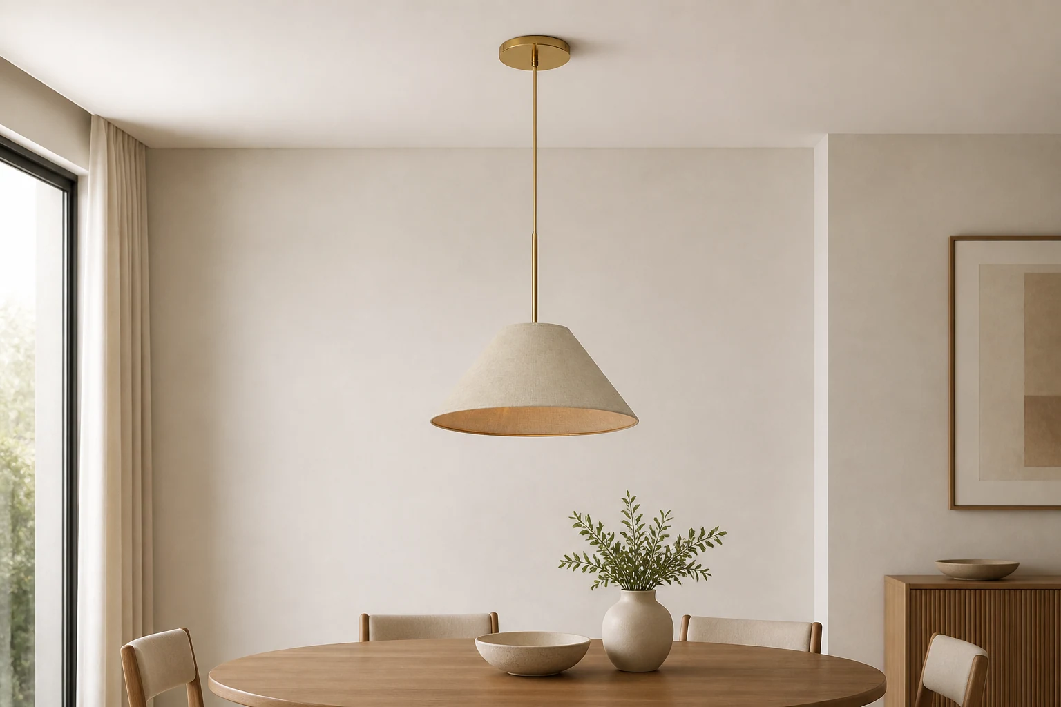 Lampa wisząca w kształcie stożka Conica w przytulnym, nowoczesnym pokoju