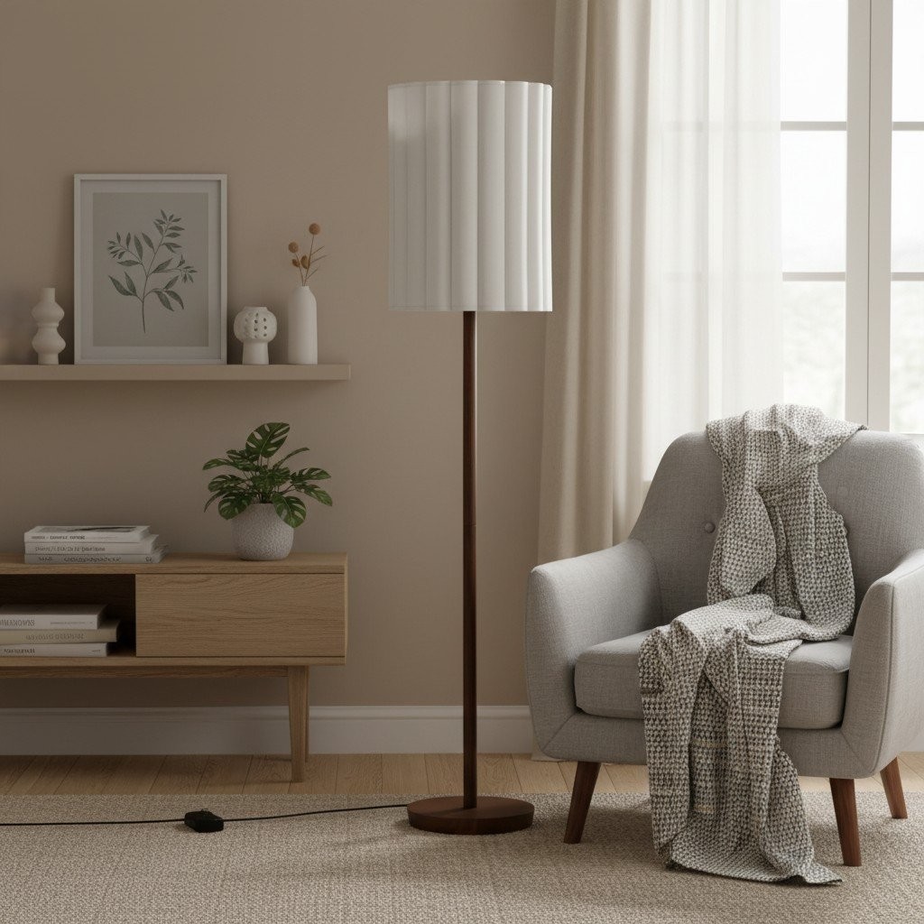 Linbron Walnut Wood Floor Lamp with Fluted Linen Shade - Modern Natural Home Decor T648