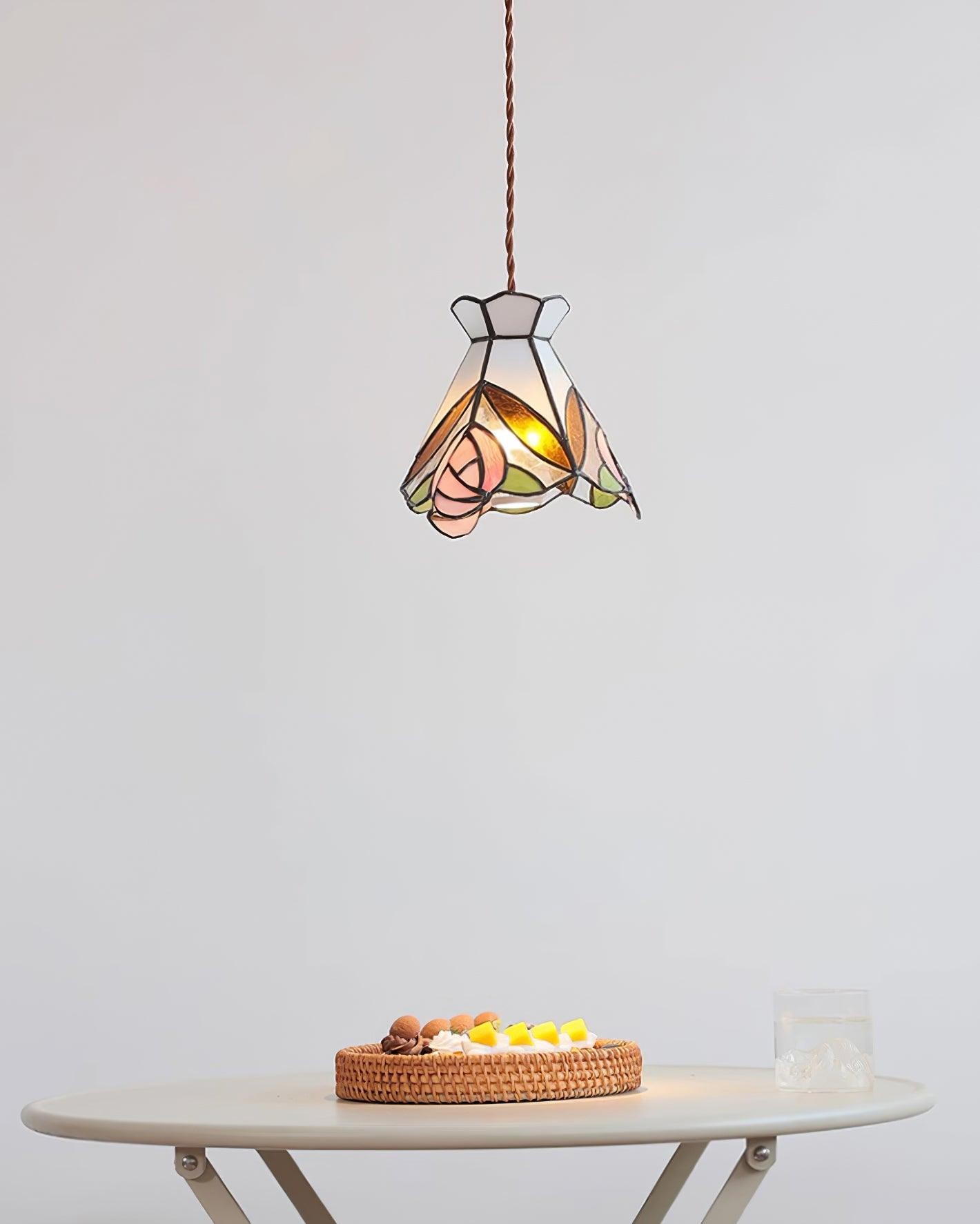 French Retro Rose Stained Glass Pendant Lamp M190