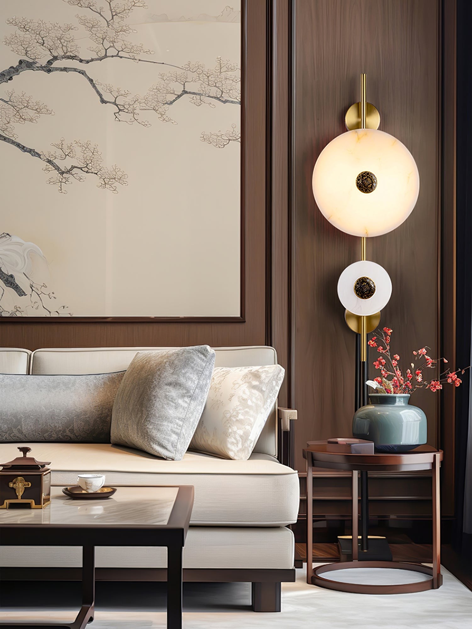 Double-disc lamp in a wider living room scene