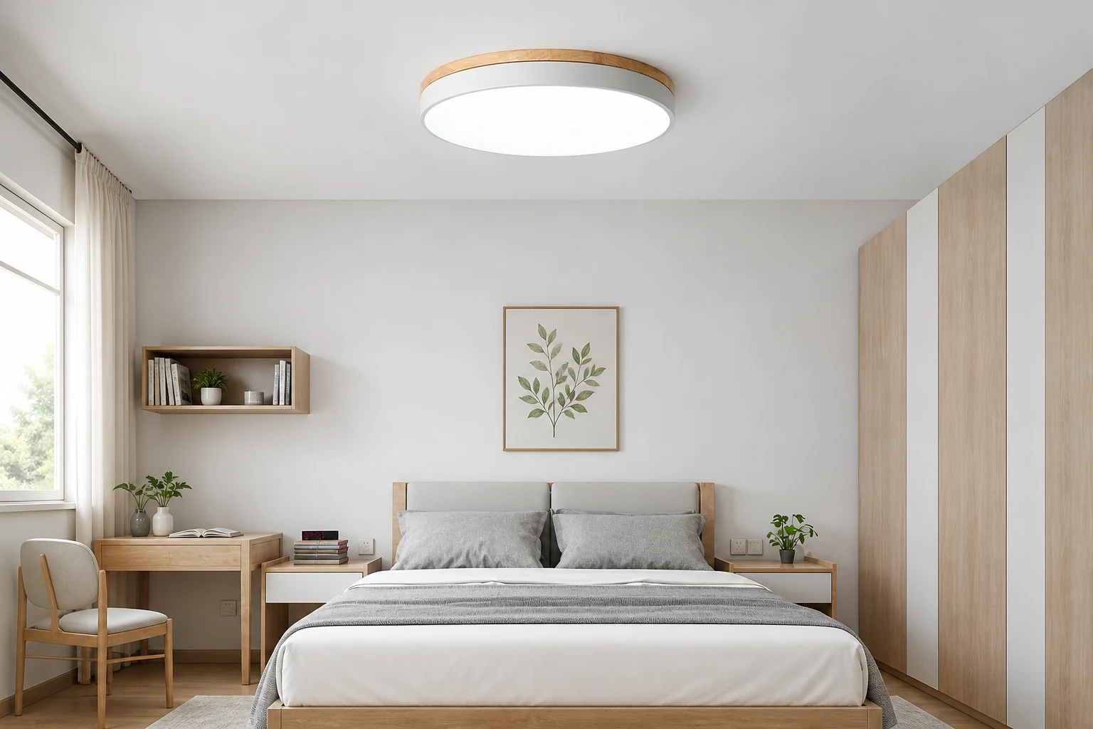 Drewniano-biała lampa sufitowa M298 pokazana w pomieszczeniu lifestylowym
