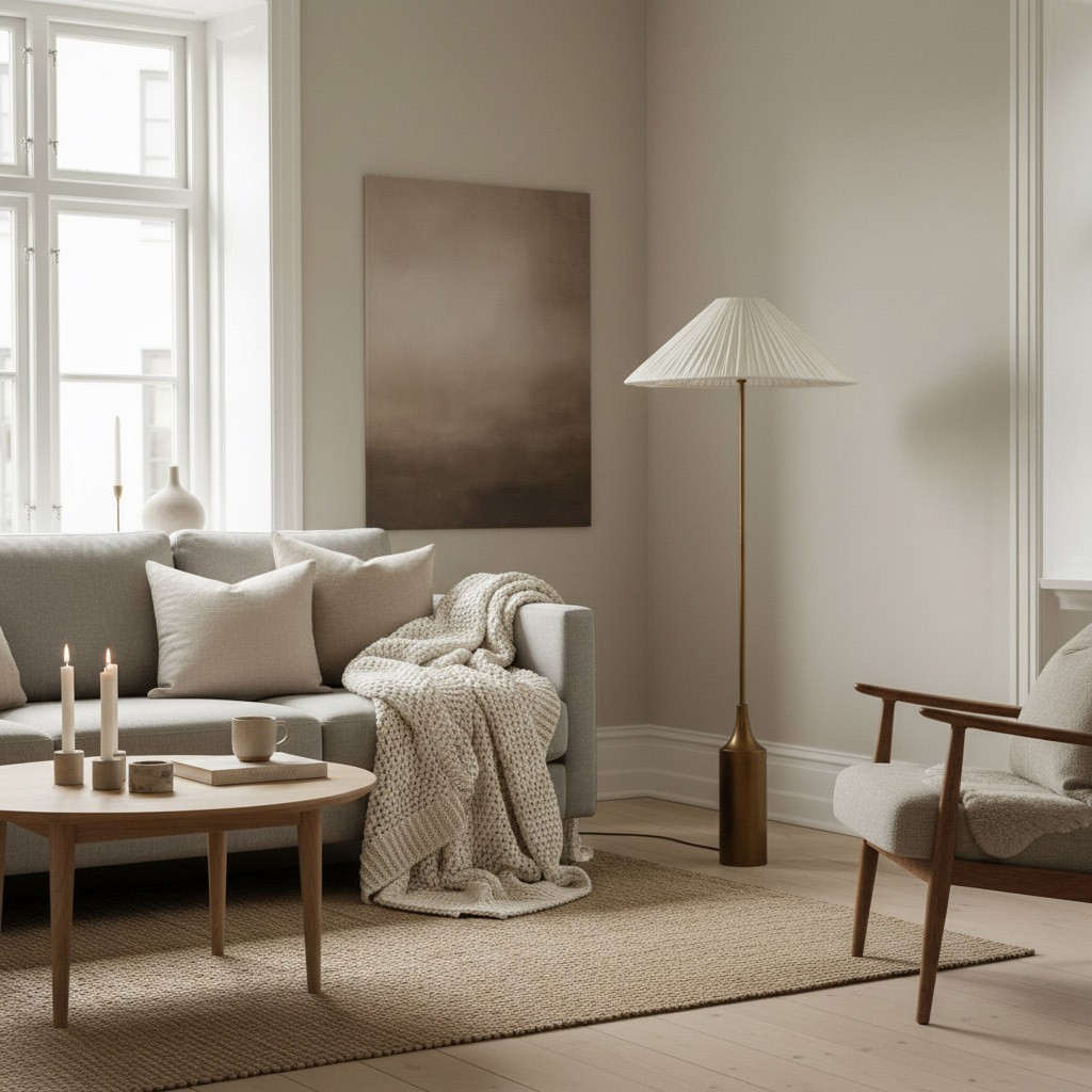Lindi golvlampa nära en soffa i ett vardagsrum