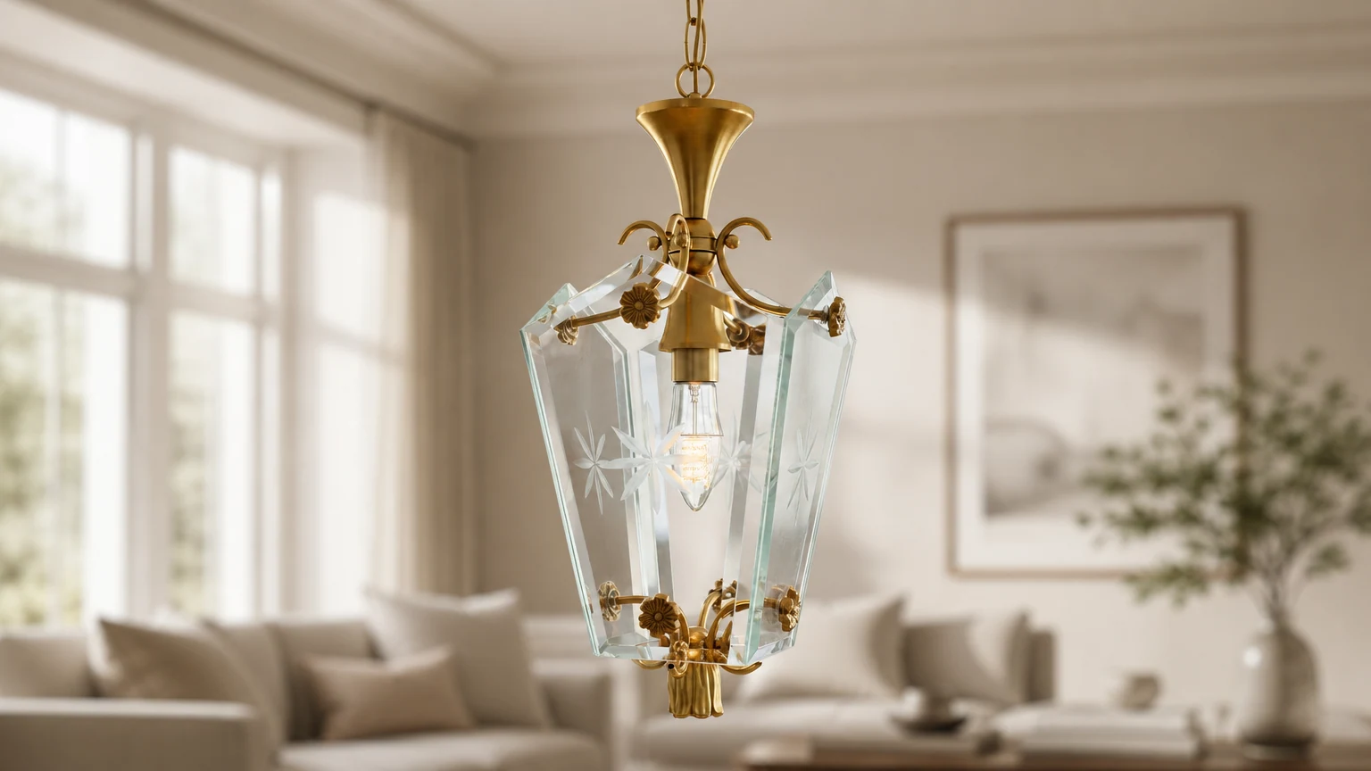Lampa wisząca ze szklanym kloszem Kerise w ciepłym salonie