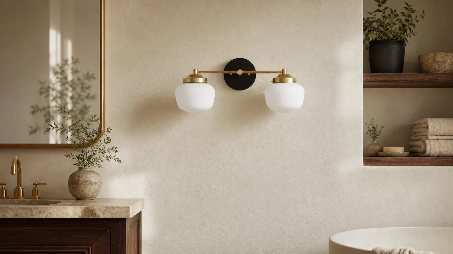 Lampa toaletkowa Opalume Art Deco pokazana na ścianie w stylu łazienki