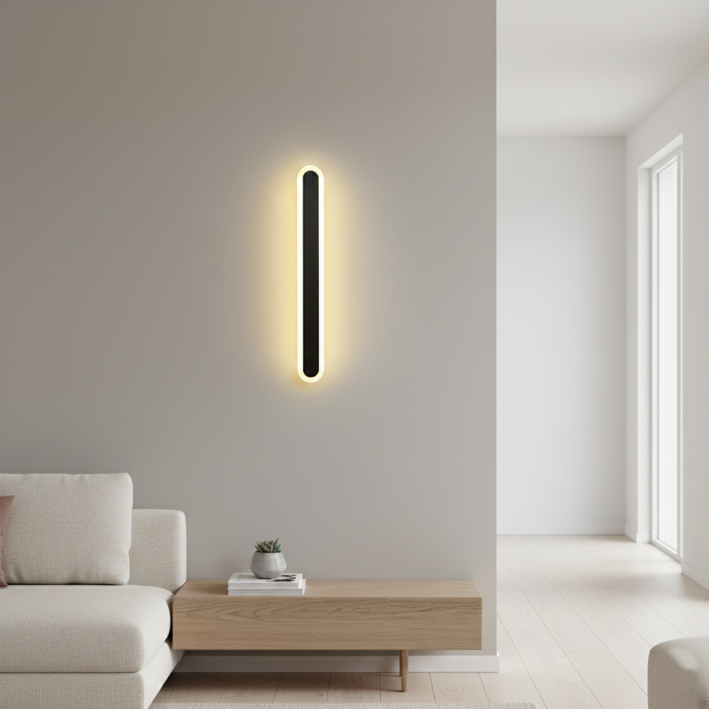 Minimalistyczne wnętrze z lampą ścienną Edge zamontowaną na zwykłej ścianie