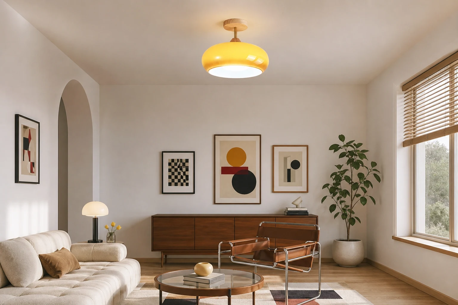 Szklana lampa sufitowa Retro Bauhaus pokazana we wnętrzu lifestylowym