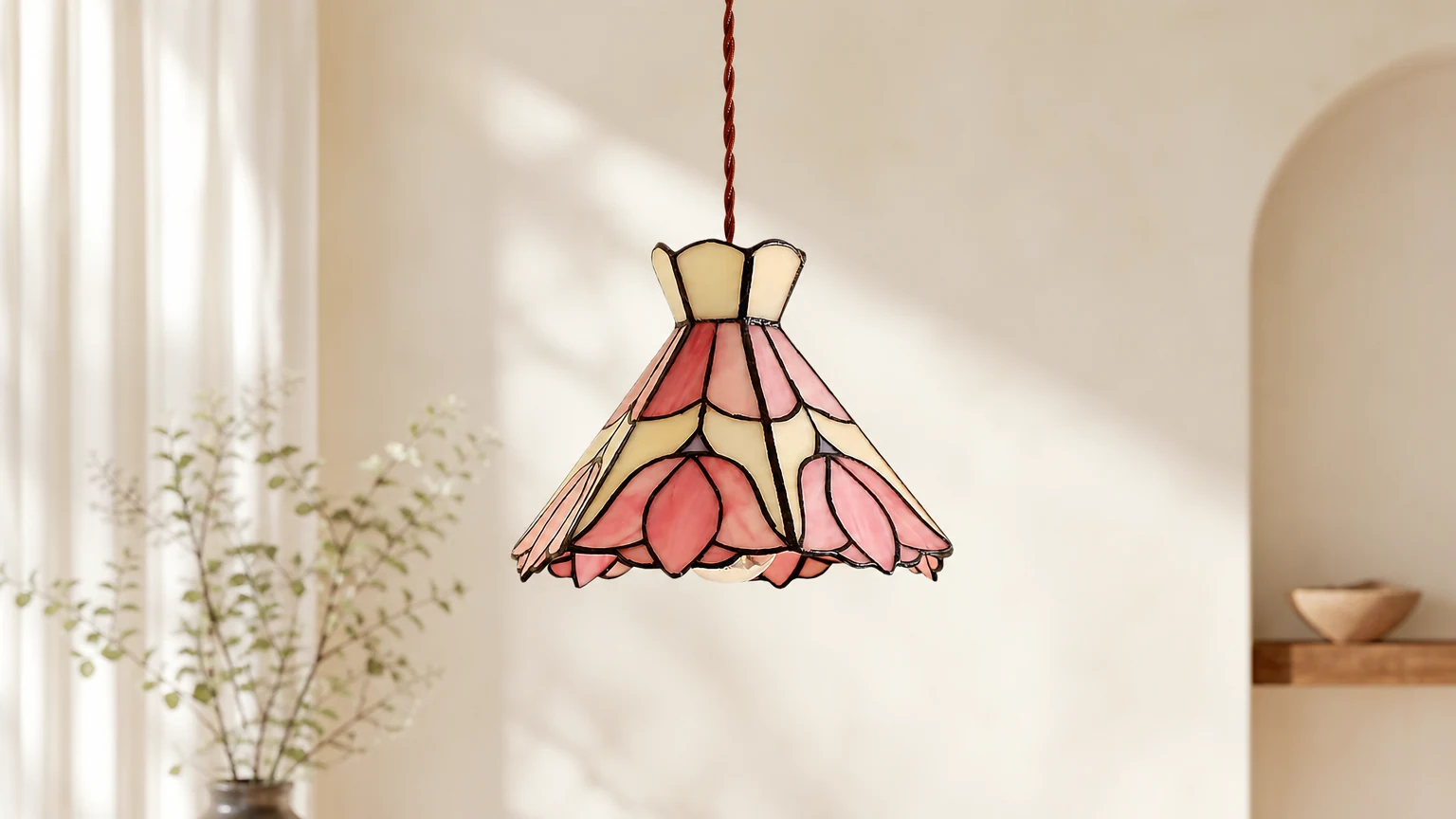 Lampa wisząca z witrażem w kwiaty Sevra w salonie