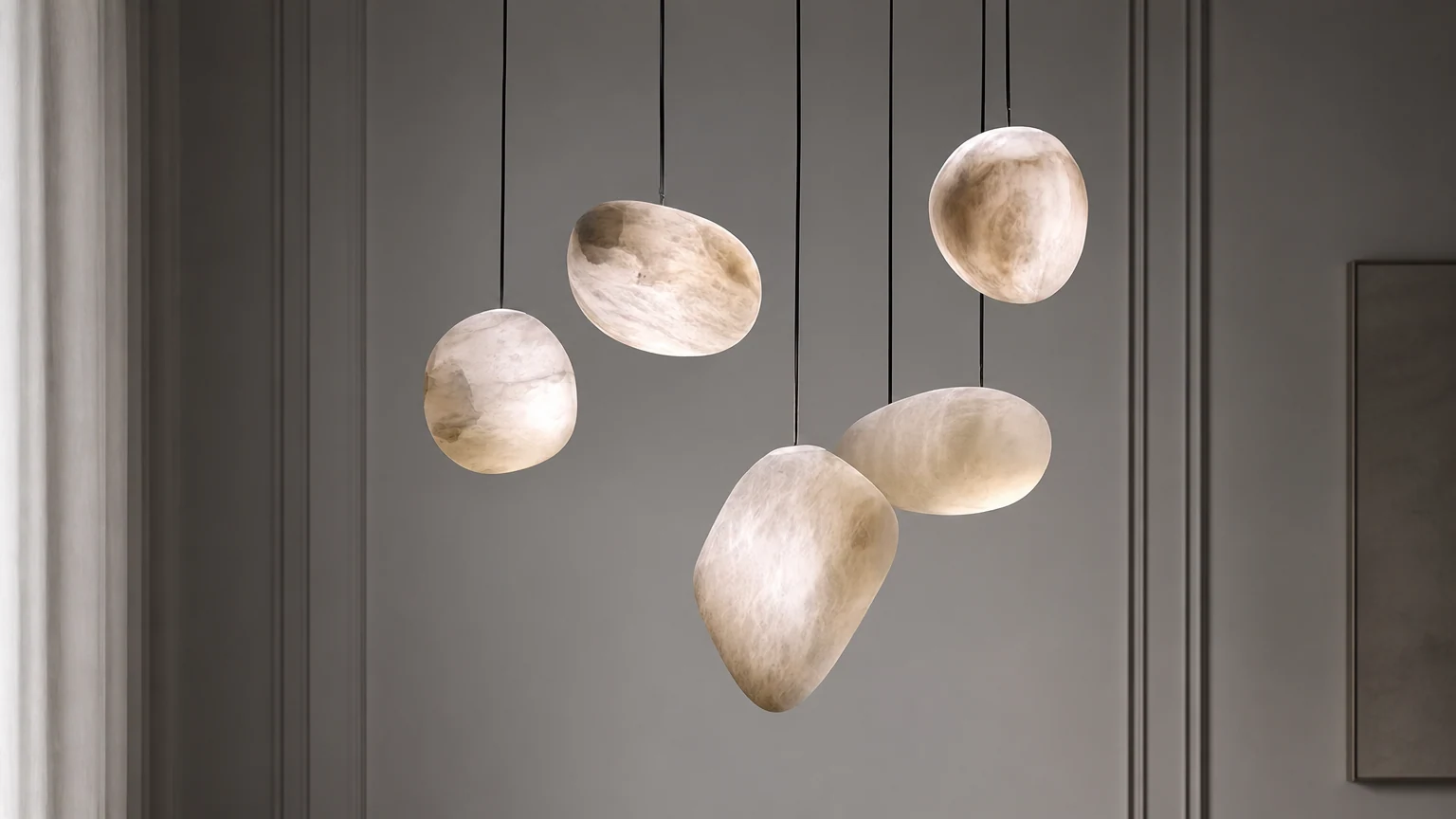 Lampa wisząca Pebbles Alabaster M439 pokazana jako ciepła instalacja wisząca