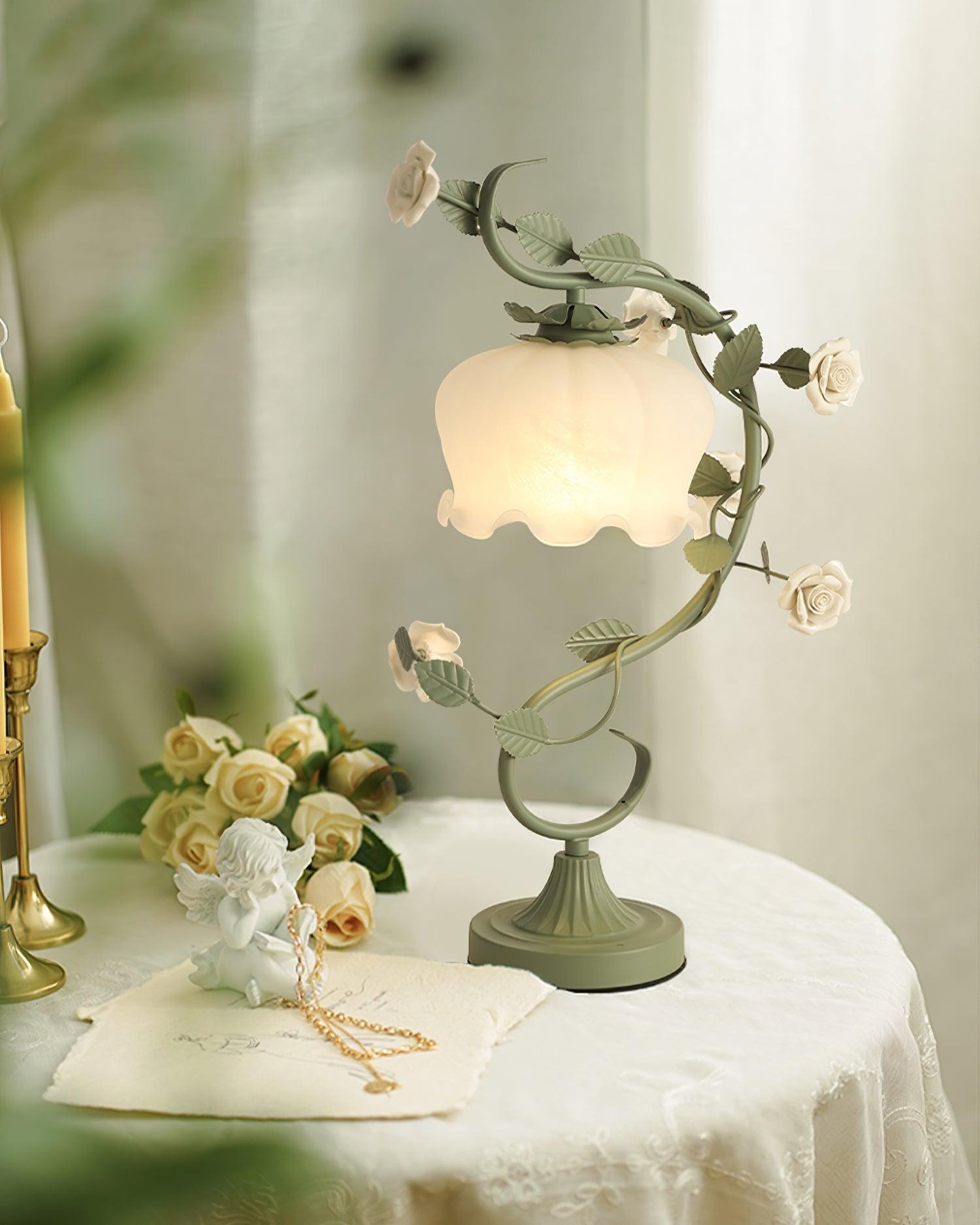 Green Pink White Rose Flower Table Lamp M209