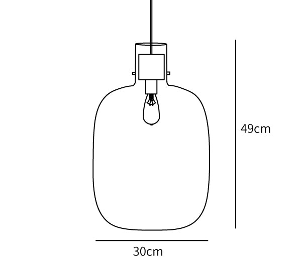 Schemat wymiarowy wydłużonej lampy wiszącej o wymiarach 30 cm na 49 cm