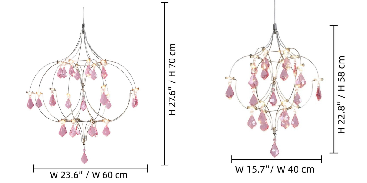 Wymiary żyrandola typu A: mały 40 cm na 58 cm i duży 60 cm na 70 cm