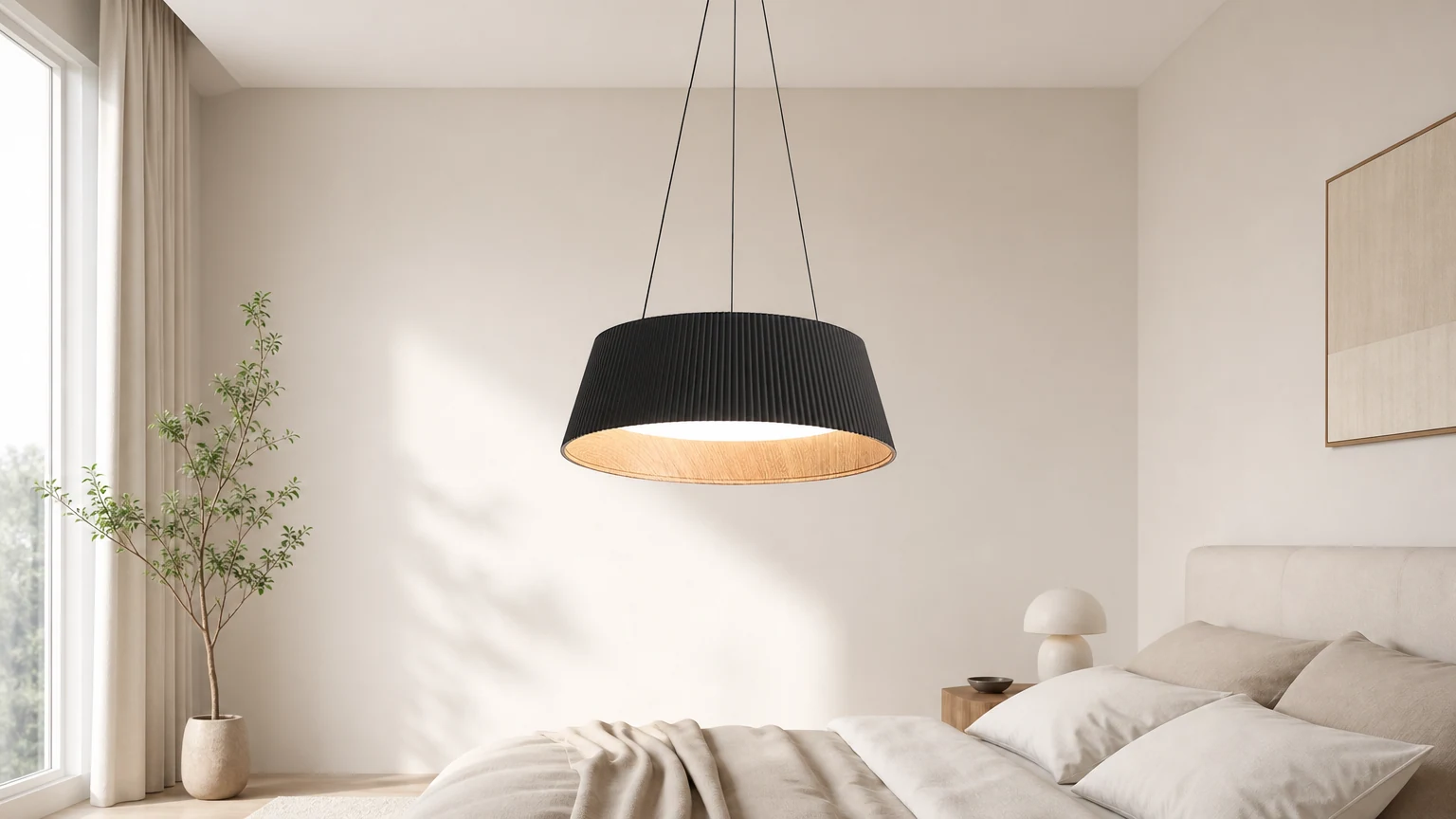 Minimalistyczna lampa wisząca z tektury falistej w spokojnym wnętrzu
