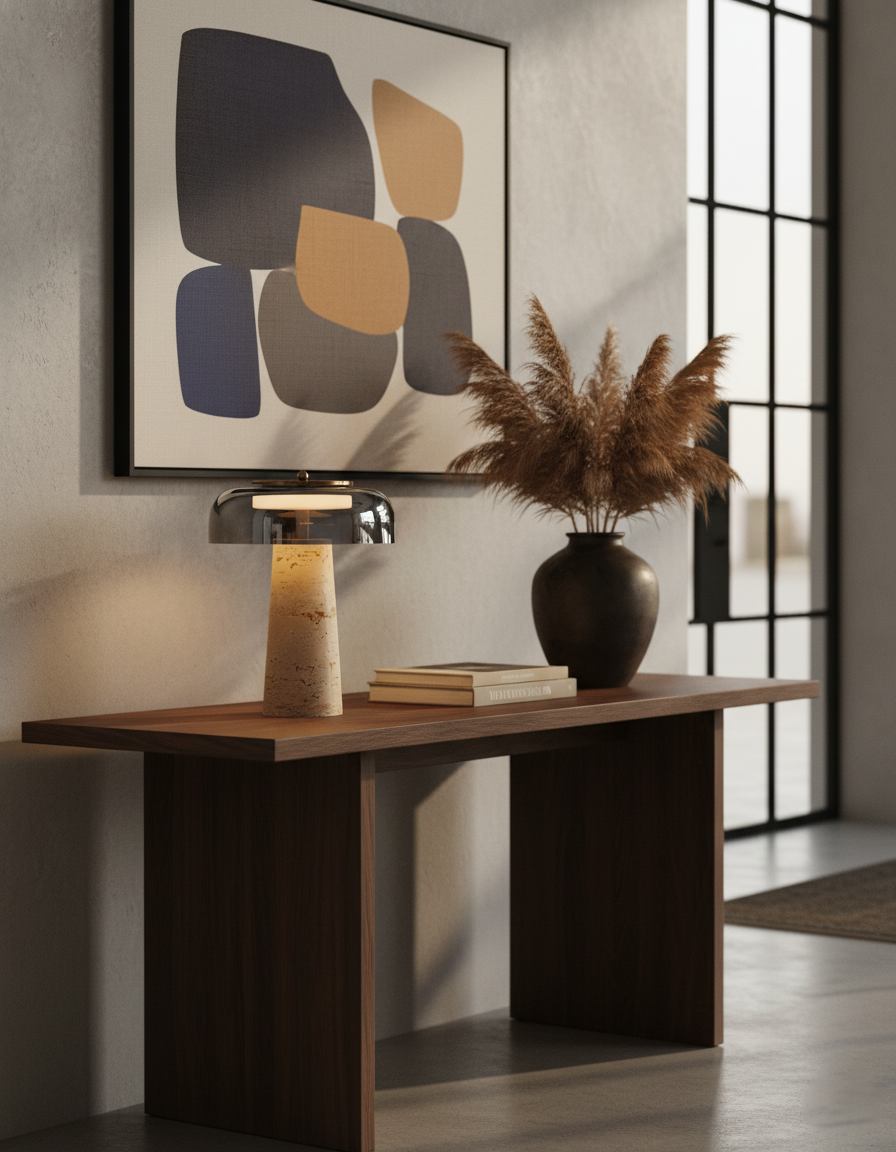Lampa stołowa Lumetra na stole konsolowym