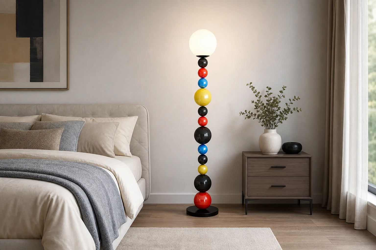 Kolorowa okrągła lampa podłogowa w scenie lifestylowej