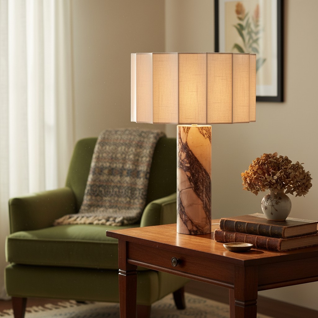 Cavilon Table Lamp with Fan-Shaped Linen Shade - Stone Finishes Suitable for Living Rooms T476