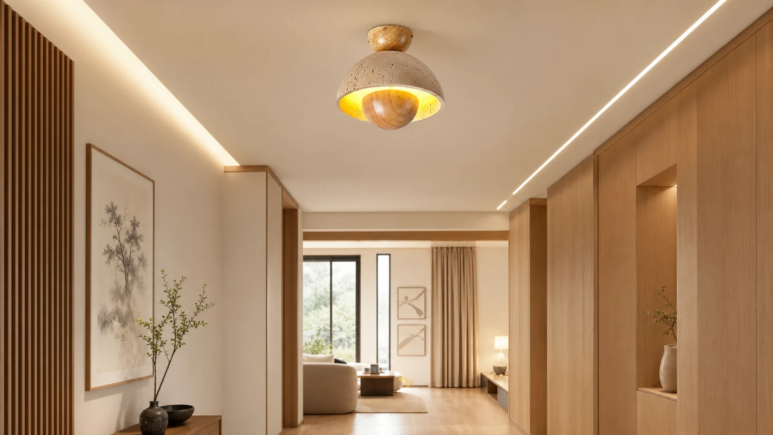 Japońska drewniana odwrócona lampa sufitowa M189 zainstalowana w ciepłym wnętrzu