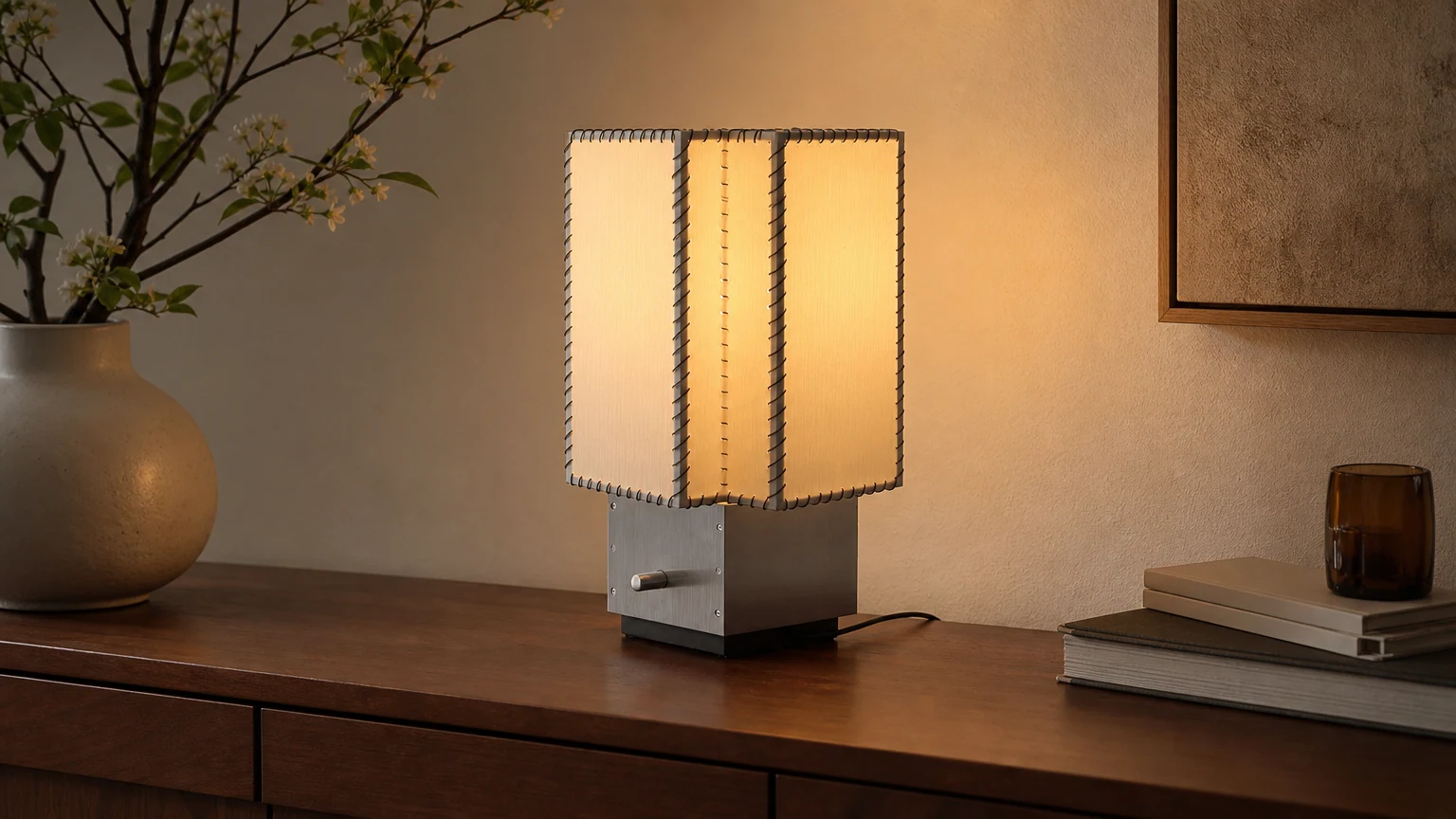 Lampa stołowa Tanu Stitch T427 w ciepłej scenie na blacie