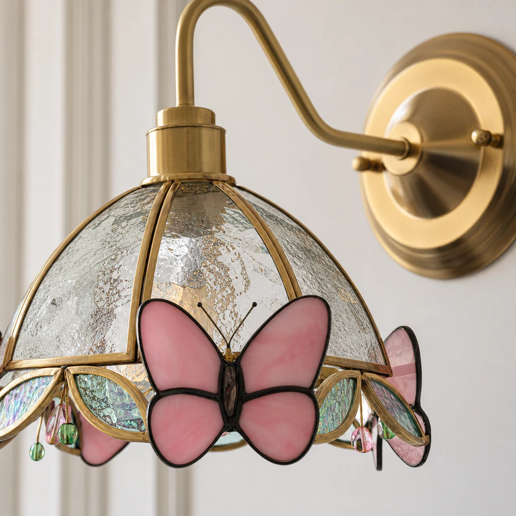 Zbliżenie szczegółu lampy ściennej Butterfly Jewel ze szkła i mosiądzu
