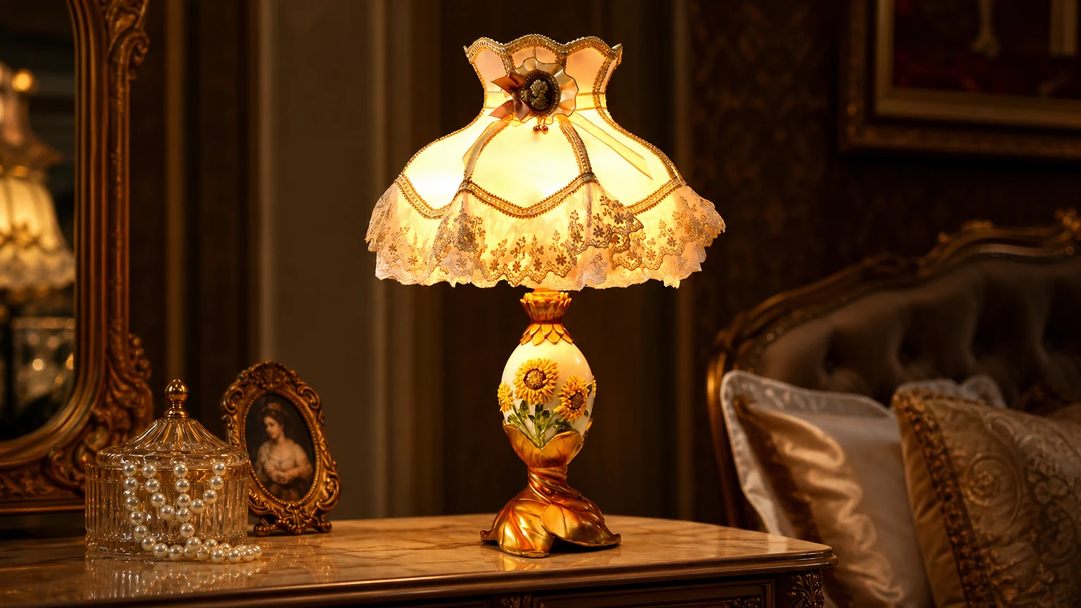 Luksusowa metalowa lampa stołowa M15 w kształcie słonecznika w europejskim stylu w ciepłej sypialni