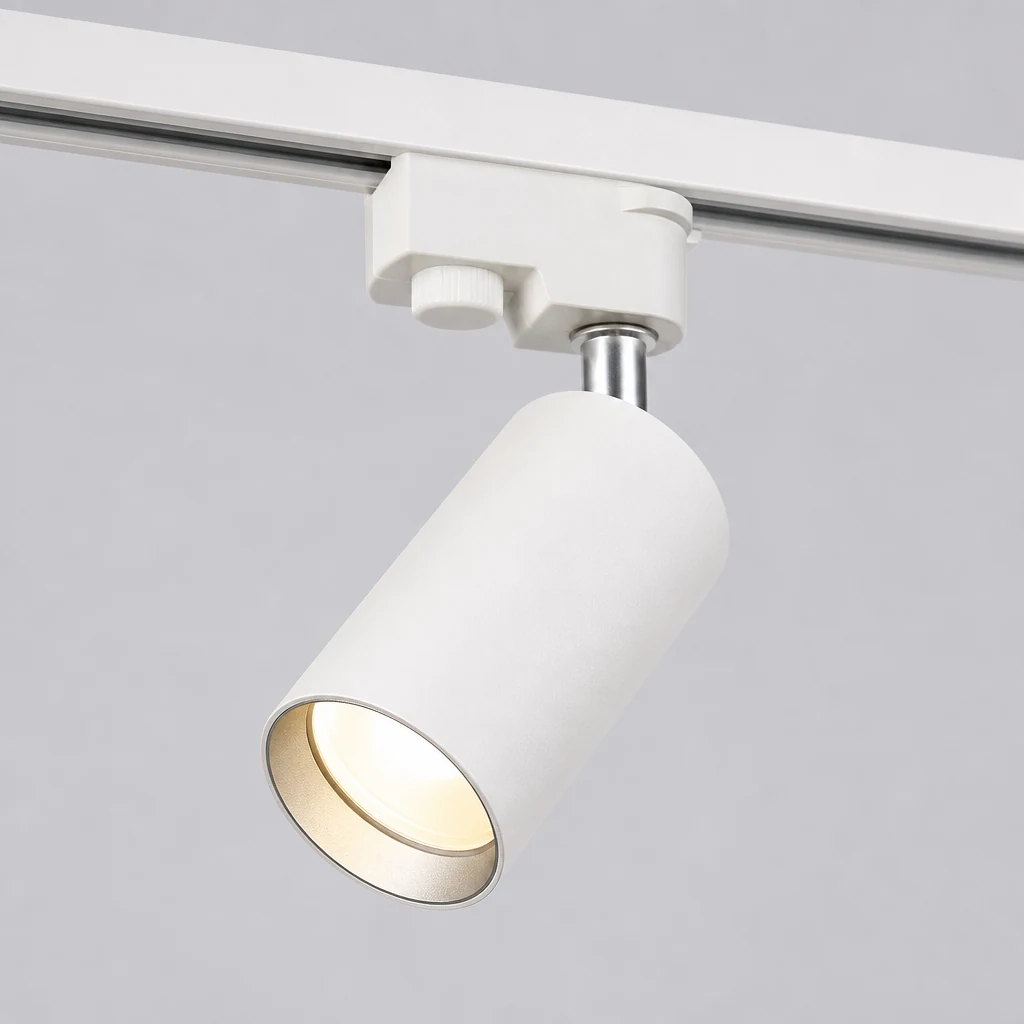 Zbliżenie głowicy i wykończenia regulowanej lampy sufitowej Spotlight Track D379