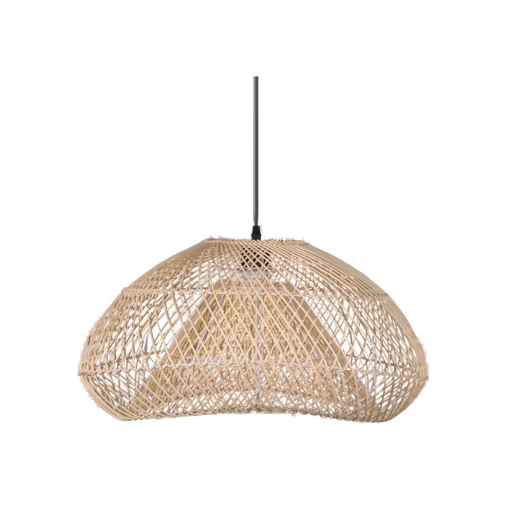 Vista completa del producto: lámpara colgante de ratán Wabi-Sabi con cable y pantalla visibles.