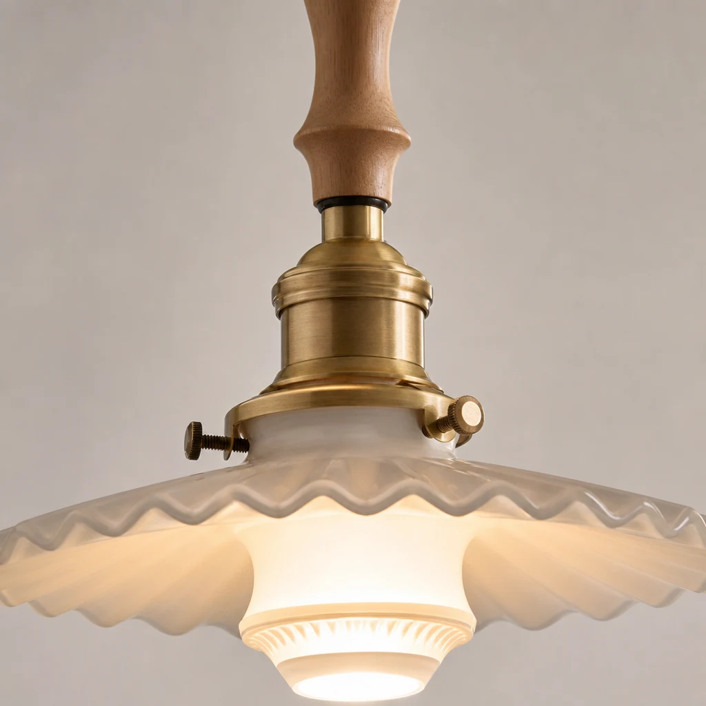 Zbliżenie lampy wiszącej Celestial Breeze D873 z wykończeniem ceramicznym i drewnianym