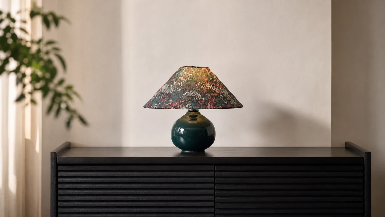Lampa stołowa Kalinda D03 w ciepłej scenie botanicznej