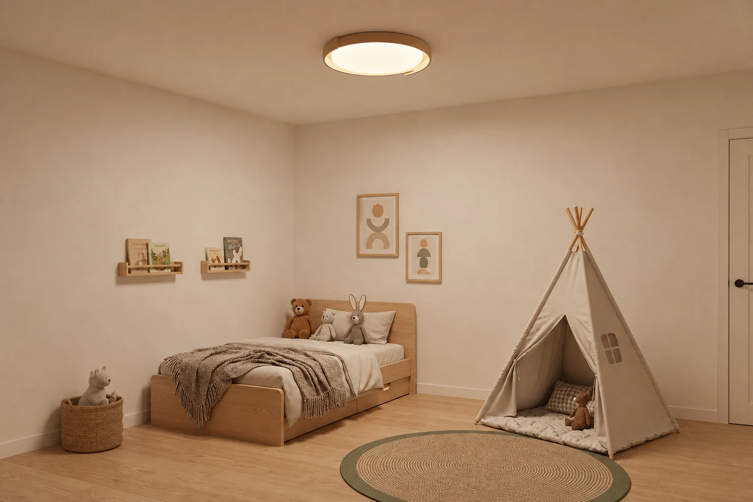 Okrągła lampa sufitowa Dari D67 pokazana w scenie oświetlenia sufitowego lifestylowego