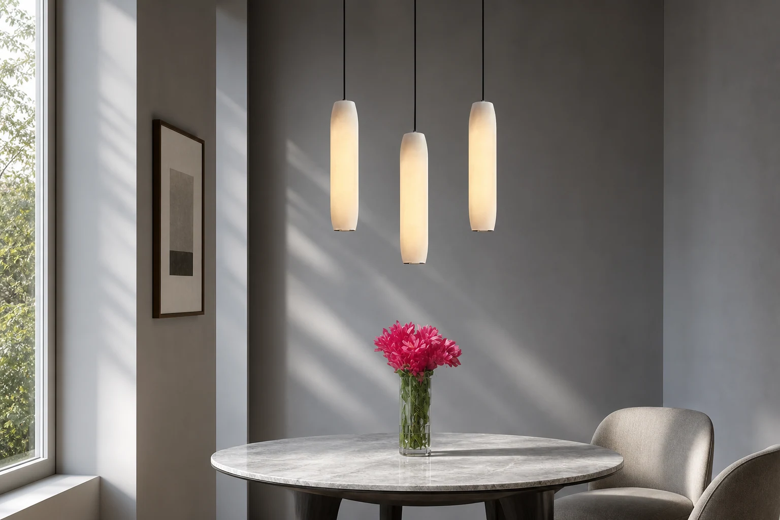 Lampa wisząca z fletem alabastrowym pokazana w pomieszczeniu urządzonym w stylu lifestylowym