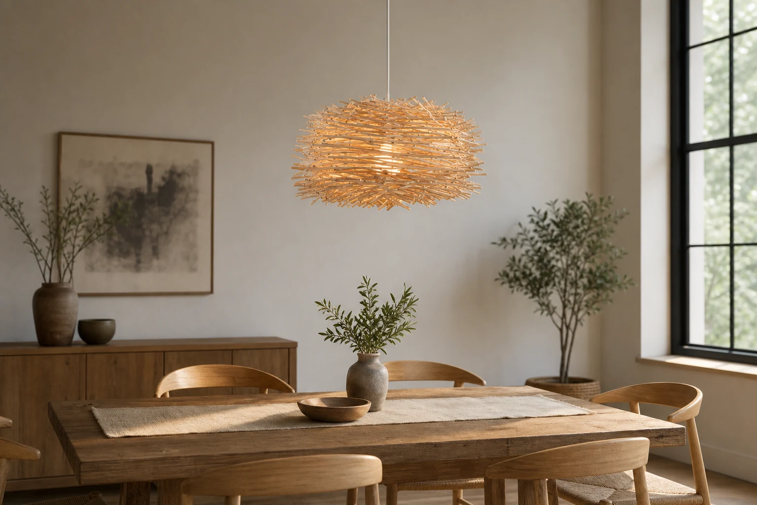 Scena w stylu lifestylowym z widoczną rattanową lampą wiszącą w kształcie gniazda ptaka