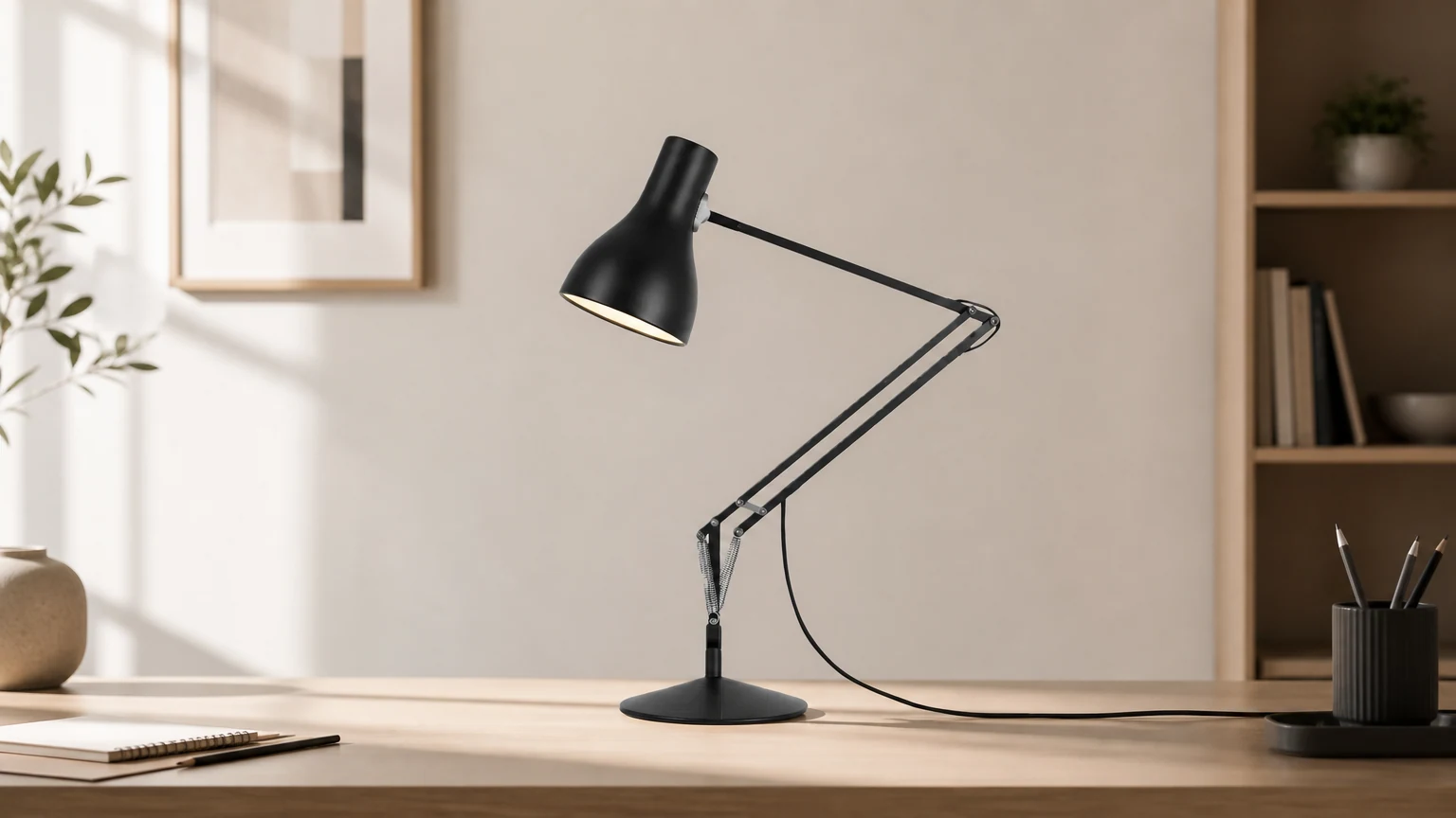 Regulowana lampa biurkowa Modryx w nowoczesnej scenie miejsca pracy
