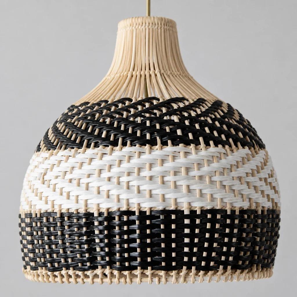 Dettaglio ravvicinato del materiale di una lampada a sospensione in rattan intrecciato.