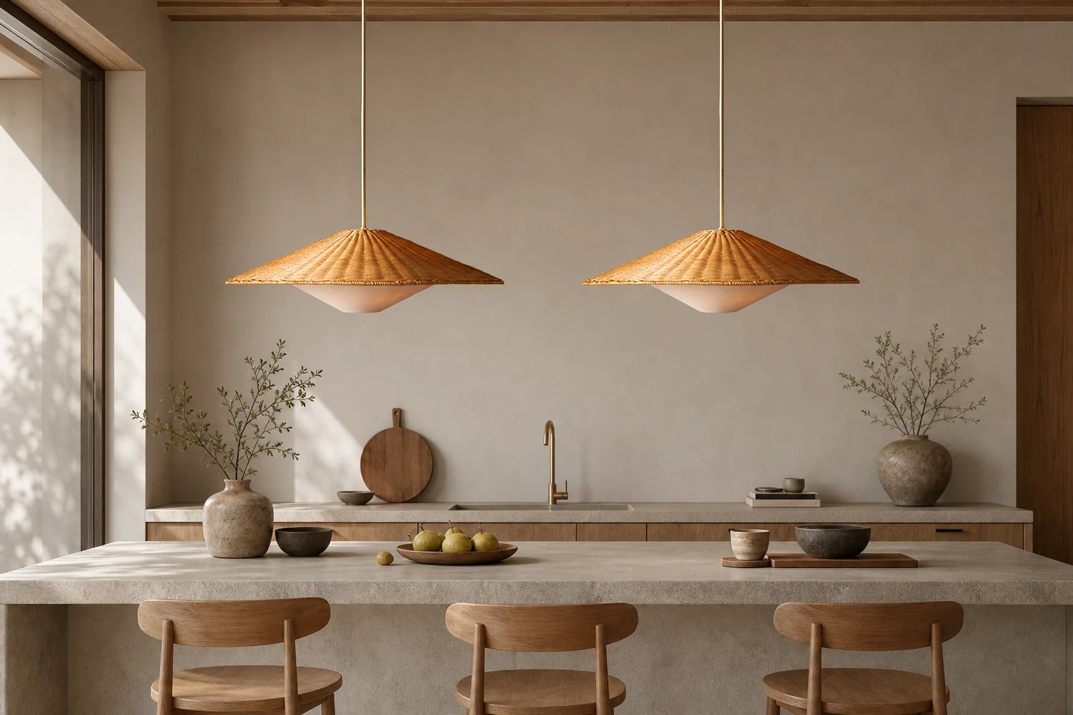 Rattanowa lampa wisząca w kształcie kapelusza w naturalnym otoczeniu wnętrza
