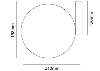 Rysunek wymiarowy przedstawiający średnicę 210 mm, wysokość 198 mm i występ 120 mm
