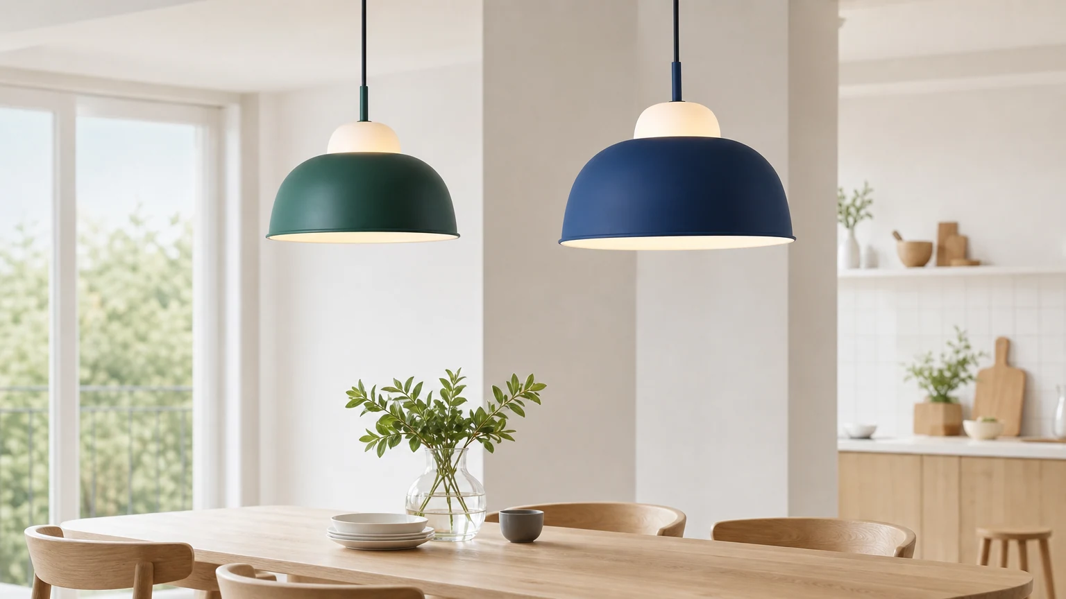 Skandynawska lampa wisząca Macaroon w jasnej scenie pokoju