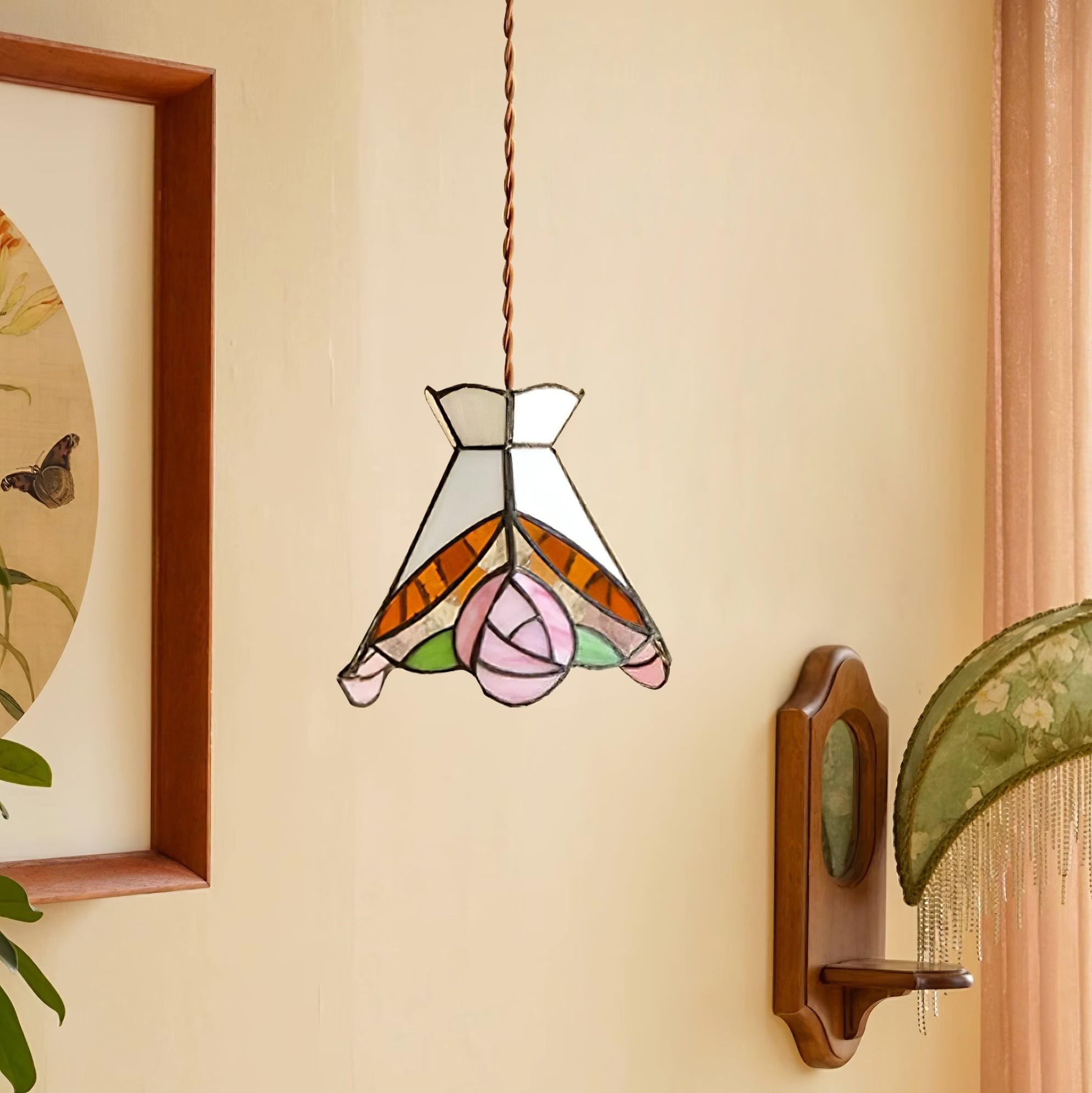 French Retro Rose Stained Glass Pendant Lamp M190