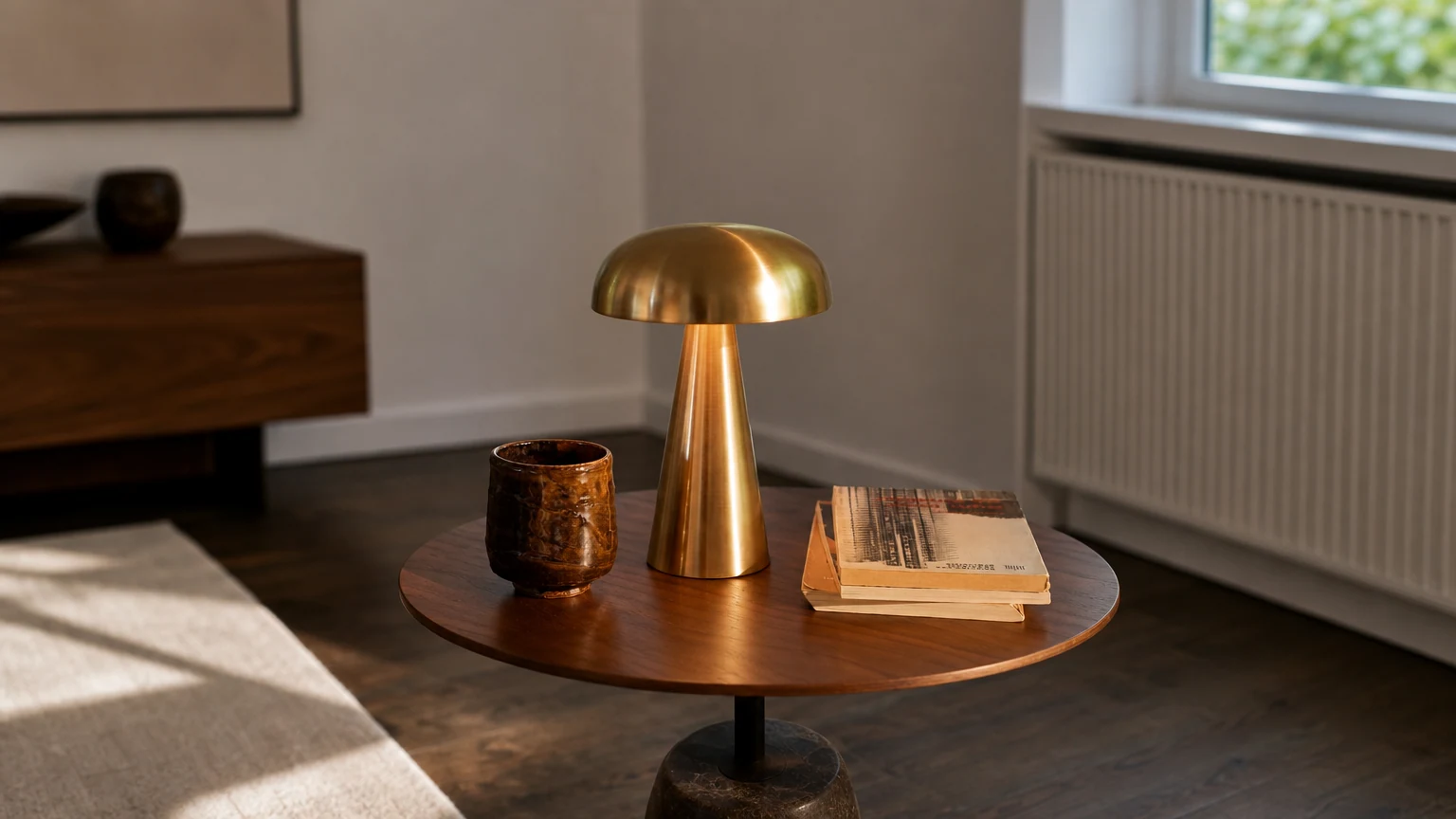 Bezprzewodowa lampa stołowa Enchanted Amanita D806 w ciepłej scenie na blacie