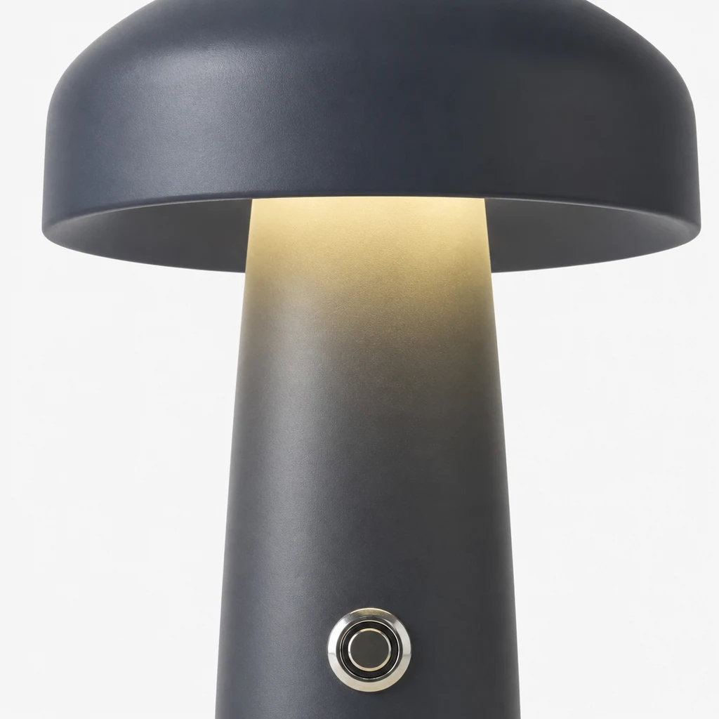 Zbliżenie na polerowane metalowe wykończenie lampy stołowej Mushroom Wbudowana bateria M60