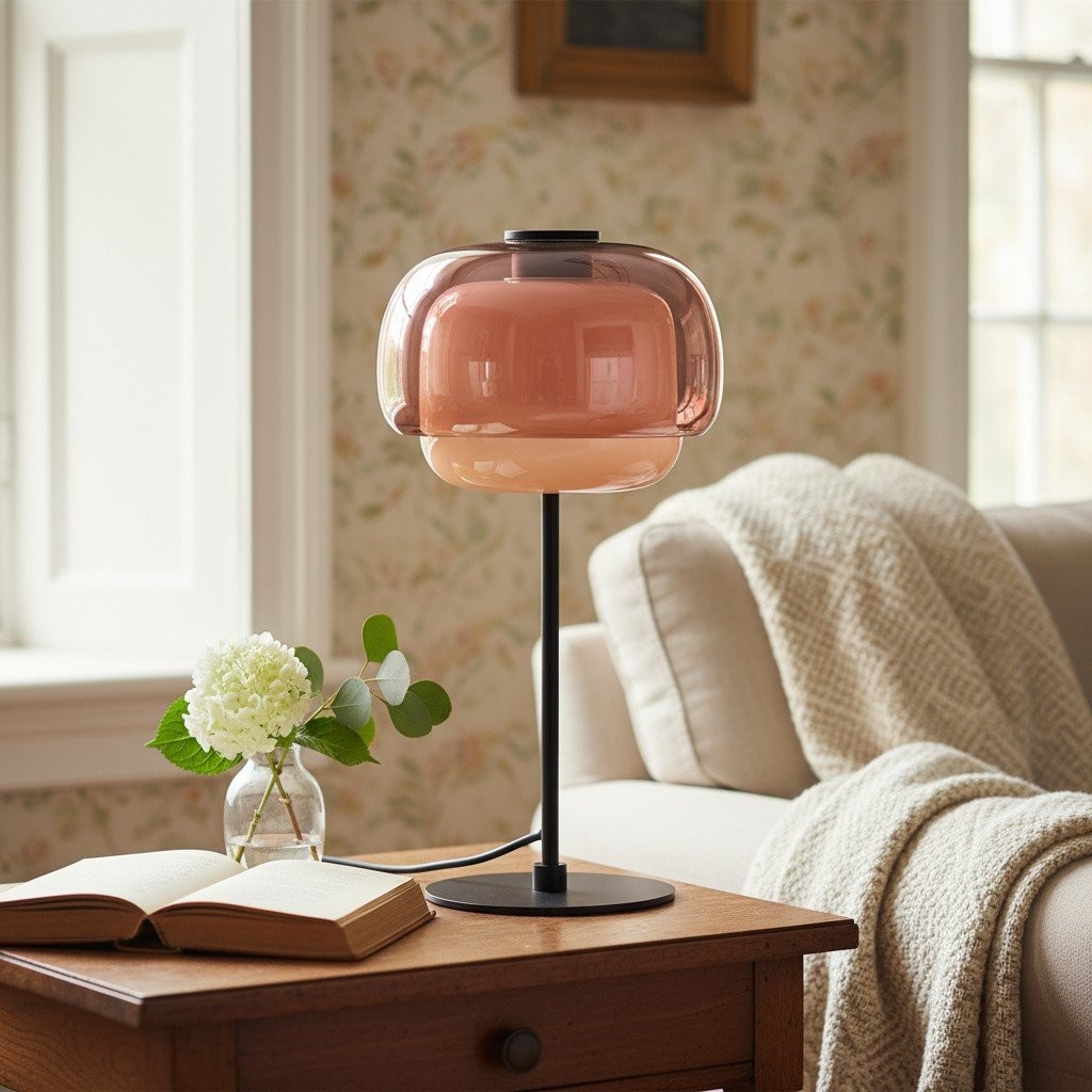 Oransje rosa Clinco-lampe på et trebord nær en stol og et vindu