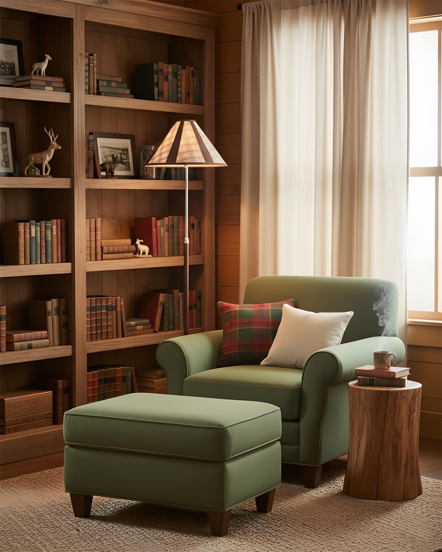 Lampa podłogowa Hearthline w scenie w salonie bibliotecznym