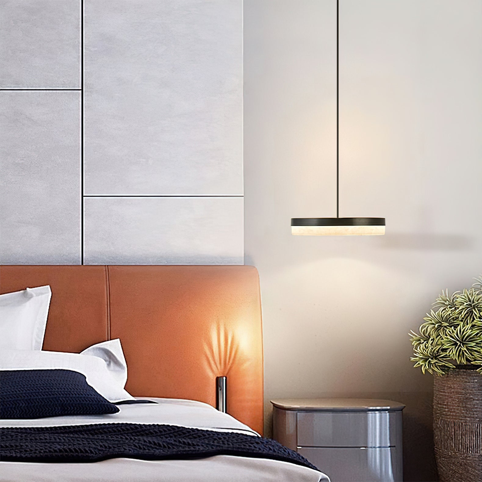 Lampa wisząca Wyatt obok łóżka w scenie sypialni