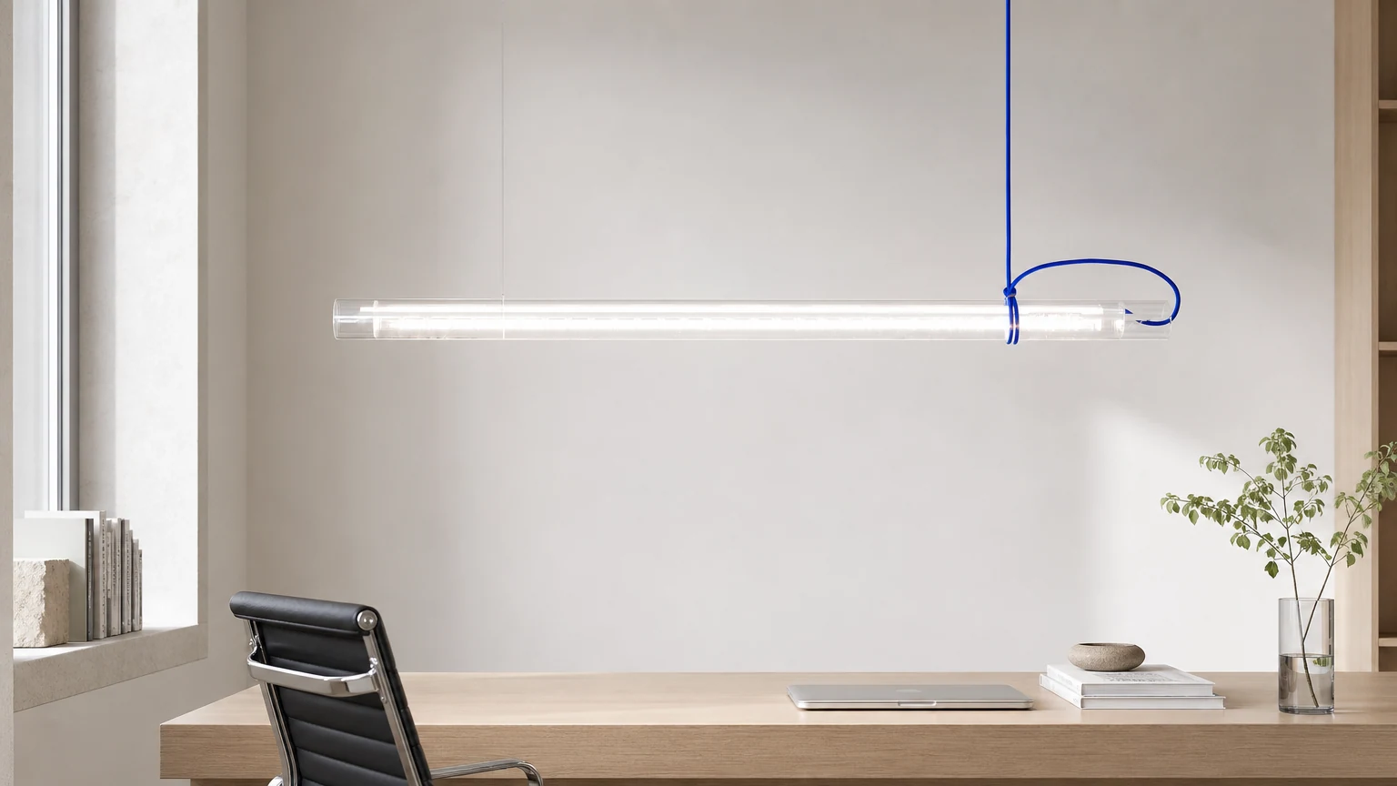 Rurkowa liniowa lampa wisząca LED D696 w jasnym pomieszczeniu