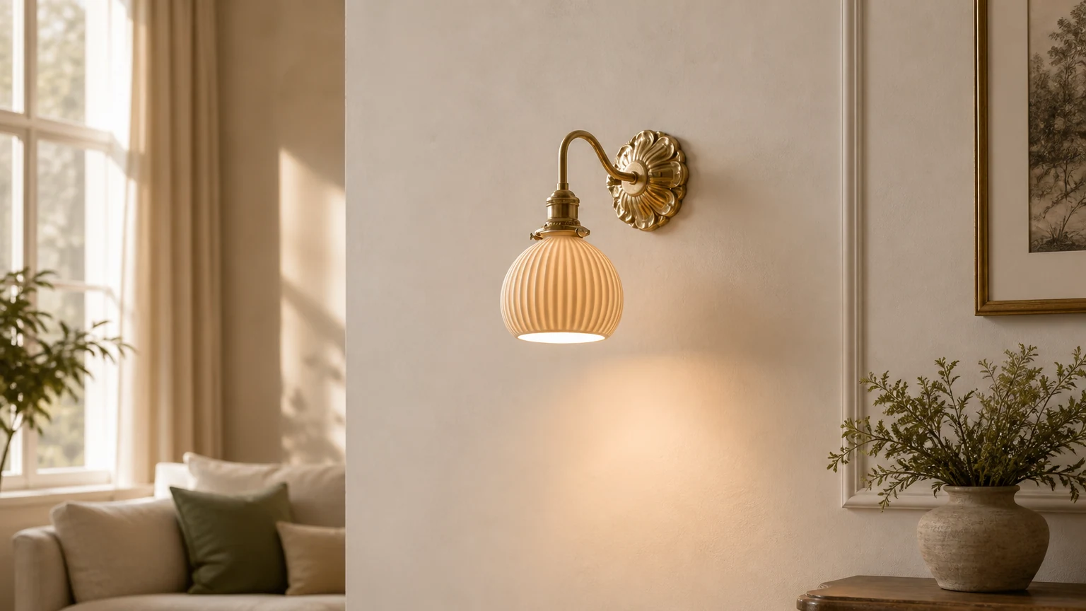 Elegancki kinkiet ceramiczny i mosiężny montowany w ciepłym wnętrzu